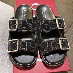 Gucci Black Monogram Sandals with Silver Buckles